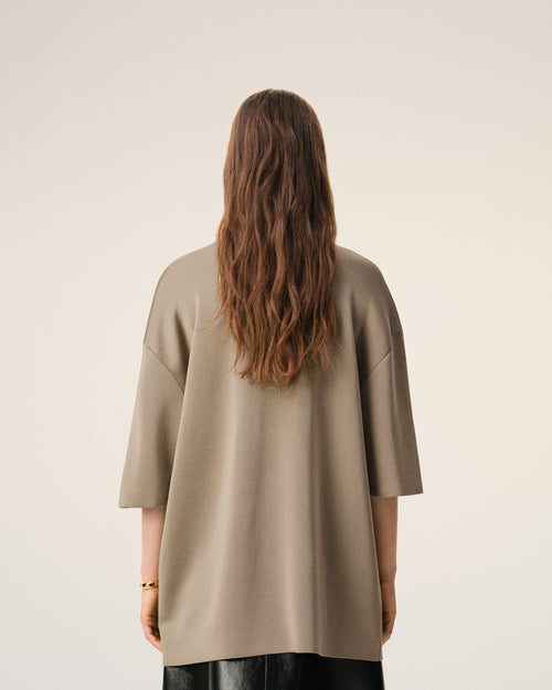 Beige Wool Short Sleeves V Neck Sweater - 5 - Ami Paris