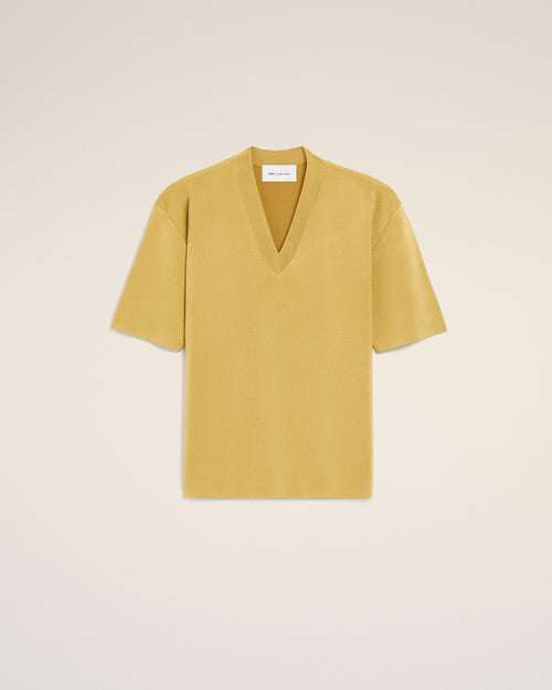                                     Yellow Wool Short Sleeves V Neck Sweater - 3                                 - Ami Paris