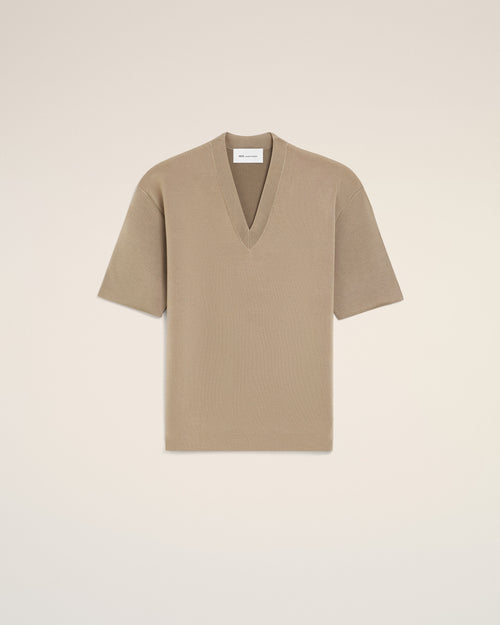                                     Beige Wool Short Sleeves V Neck Sweater - 3                                 - Ami Paris