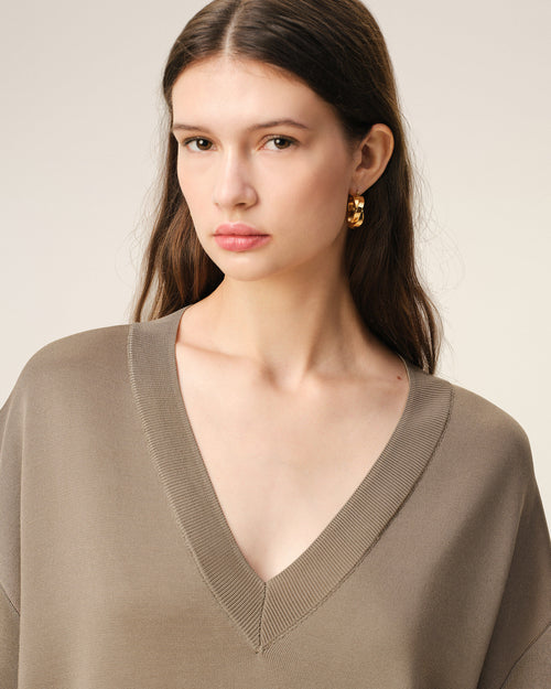 Pull Beige Col V Manches Courtes en Laine - 4 - Ami Paris