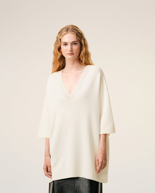 White Wool Short Sleeves V Neck Sweater - Woman - 3 - AMI Paris - Ami Paris