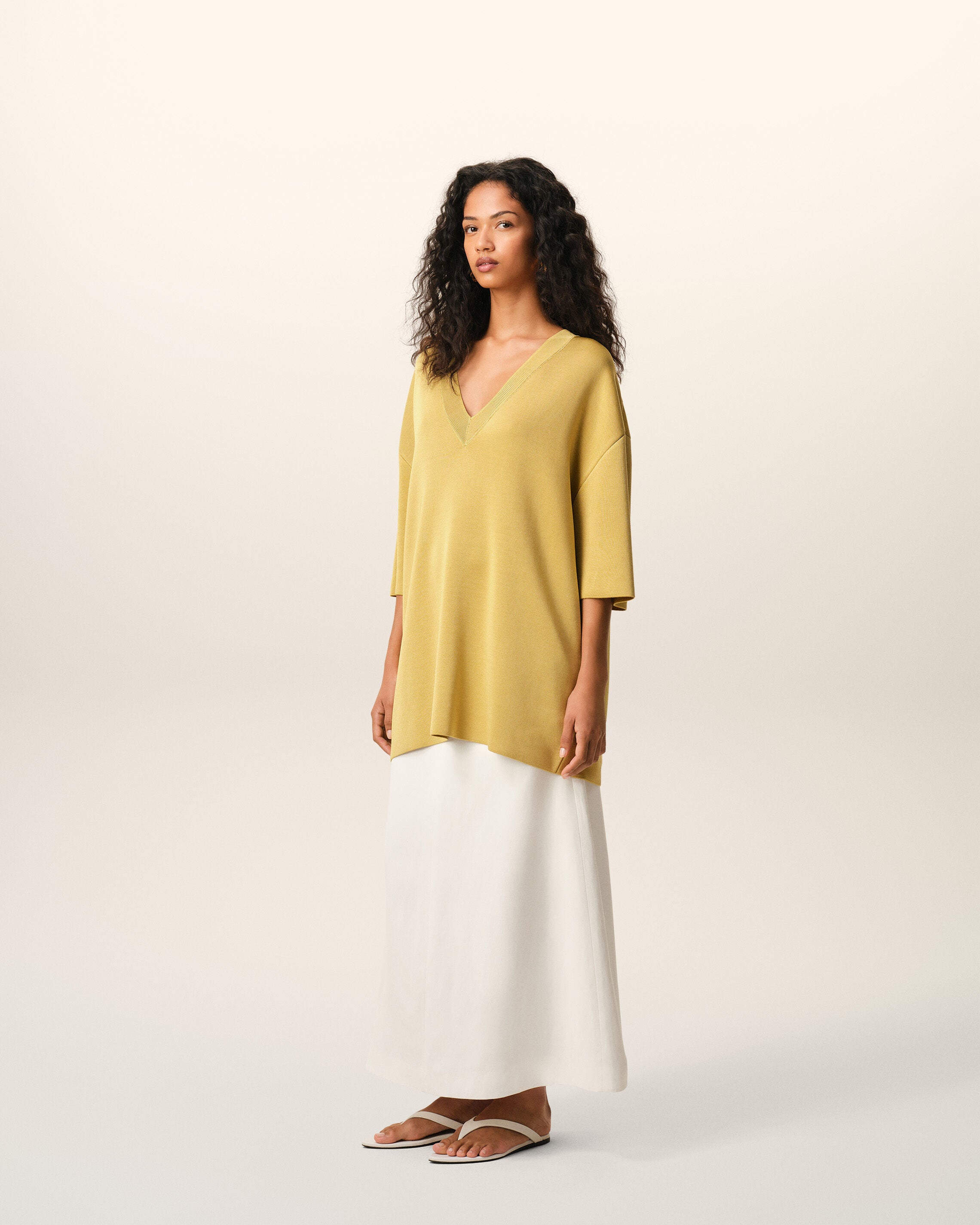 Yellow Wool Short Sleeves V Neck Sweater - 6