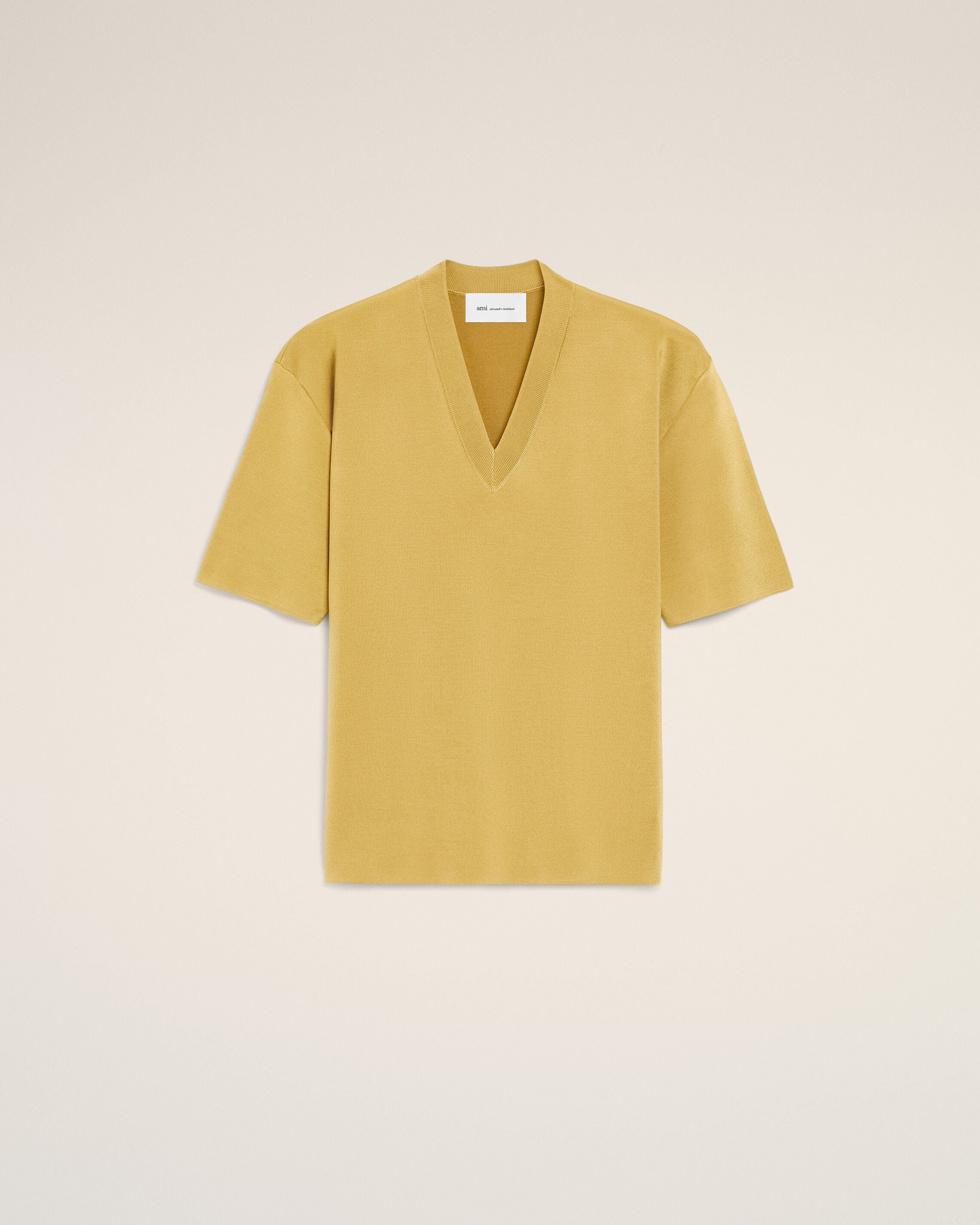 Yellow Wool Short Sleeves V Neck Sweater - 1