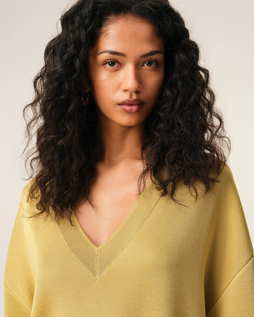 Yellow Wool Short Sleeves V Neck Sweater - 4 - Ami Paris