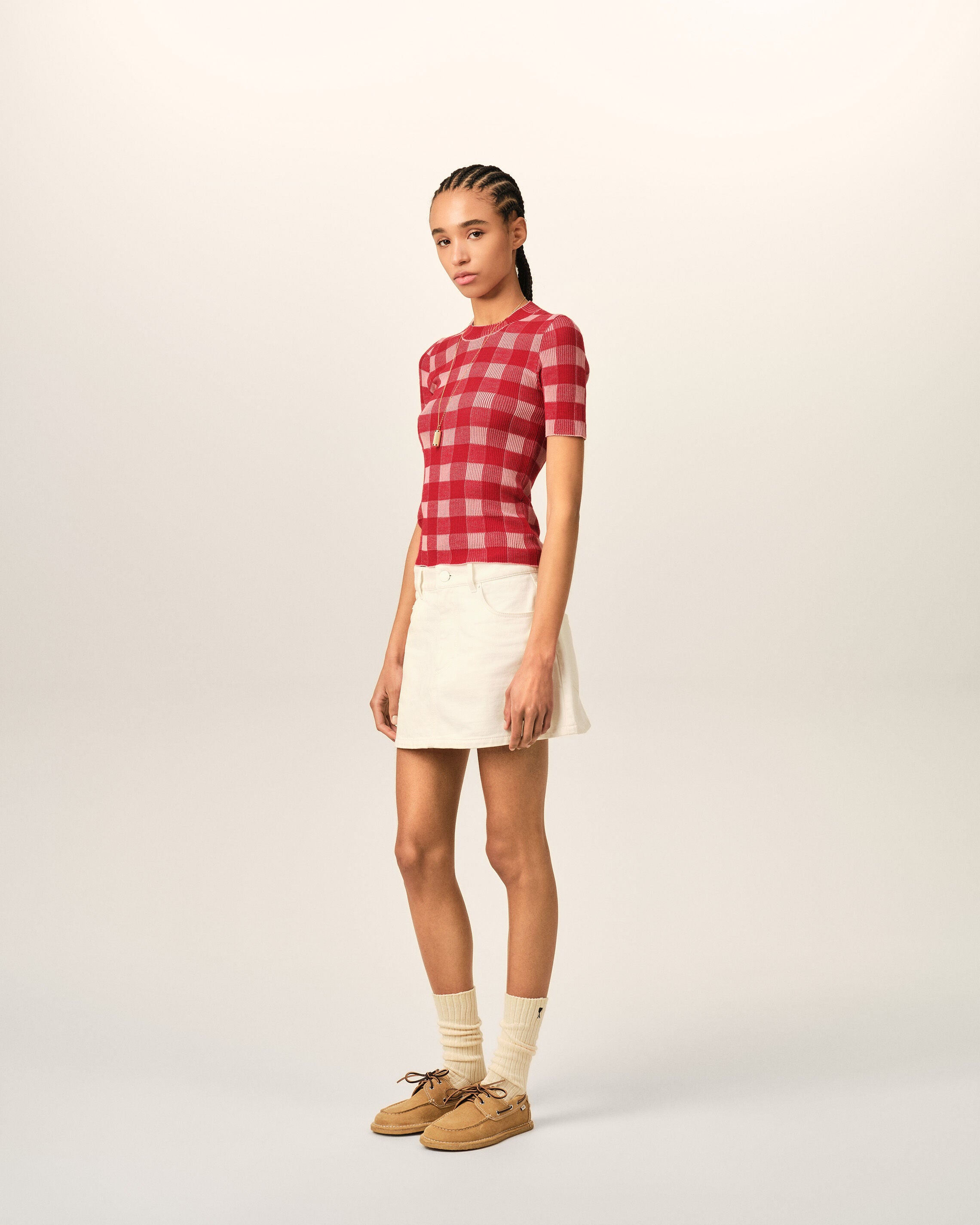Pull rose à carreaux en laine et coton manches courtes - 6