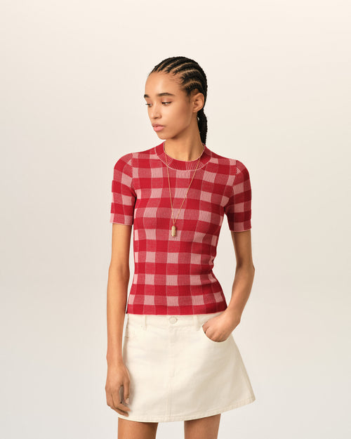 Pull rose à carreaux en laine et coton manches courtes - Femme - 2 - AMI Paris - Ami Paris