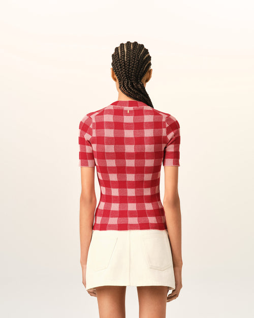 Pull rose à carreaux en laine et coton manches courtes - Femme - 5 - AMI Paris - Ami Paris