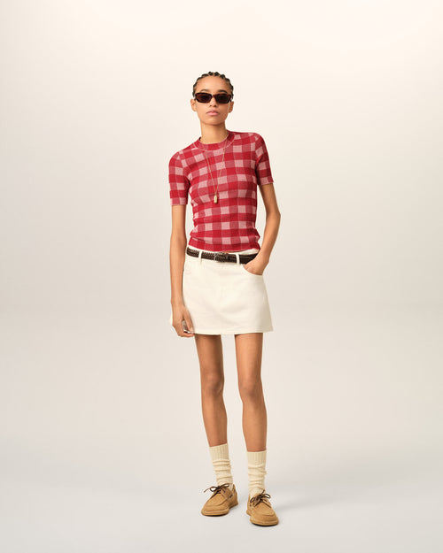 Pull rose à carreaux en laine et coton manches courtes - Femme - 3 - AMI Paris - Ami Paris