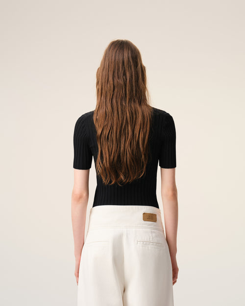 Black Knit Short Sleeves Polo - Woman - 5 - AMI Paris - Ami Paris