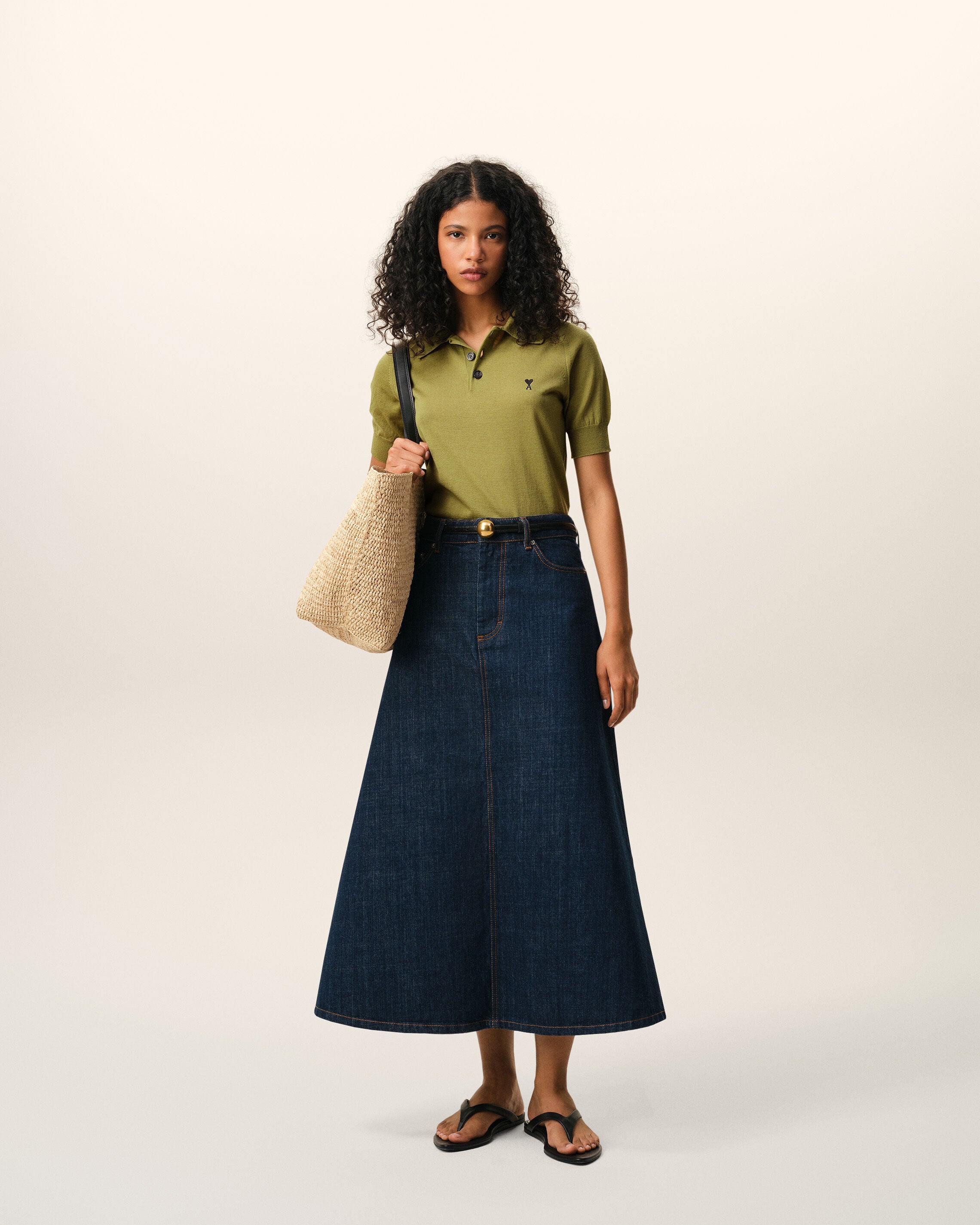 MATCHA/BLACK Green Wool Short Sleeves Ami De Coeur Polo | Ami Paris