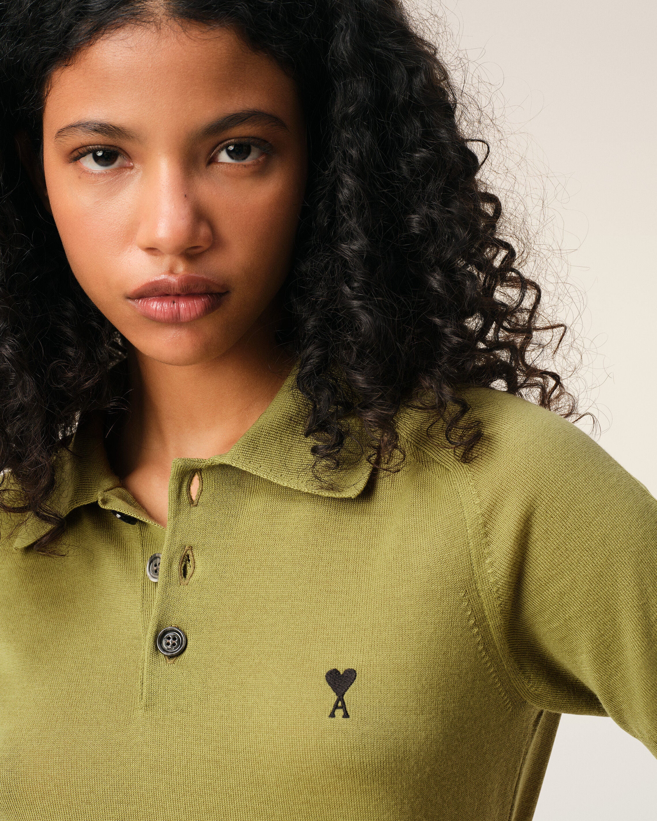 MATCHA/BLACK Green Wool Short Sleeves Ami De Coeur Polo | Ami Paris