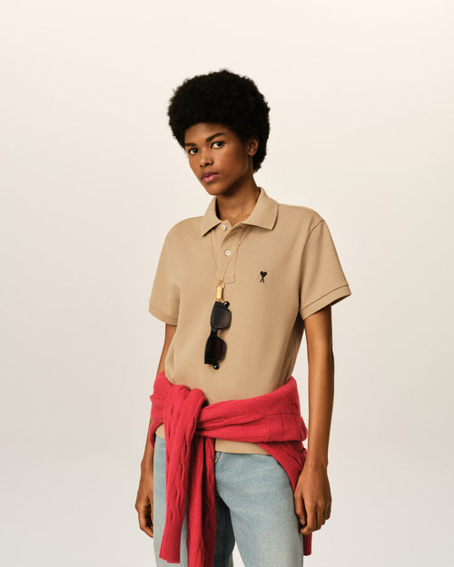 Beige cotton polo with Ami de Coeur - Woman - 2 - AMI Paris - Ami Paris
