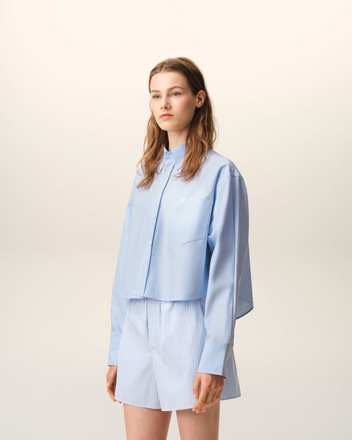 Blue cropped cotton shirt with embossed Ami de Coeur - Woman - 6 - AMI Paris - Ami Paris