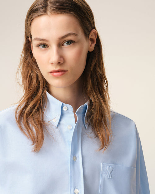 Blue cropped cotton shirt with embossed Ami de Coeur - Woman - 4 - AMI Paris - Ami Paris