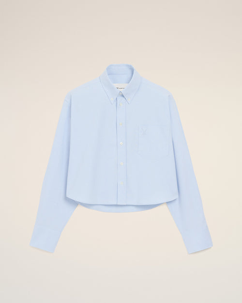 Blue cropped cotton shirt with embossed Ami de Coeur - Woman - 1 - AMI Paris - Ami Paris