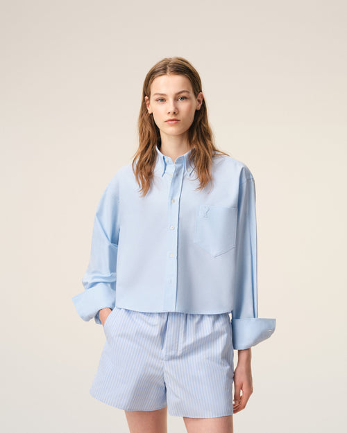 Blue cropped cotton shirt with embossed Ami de Coeur - Woman - 3 - AMI Paris - Ami Paris