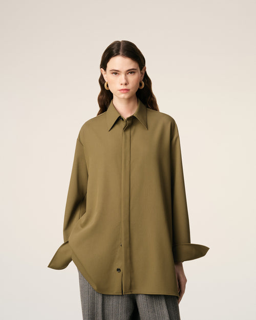 Green Wool Long Oversized Side Slits Shirt - 3 - Ami Paris