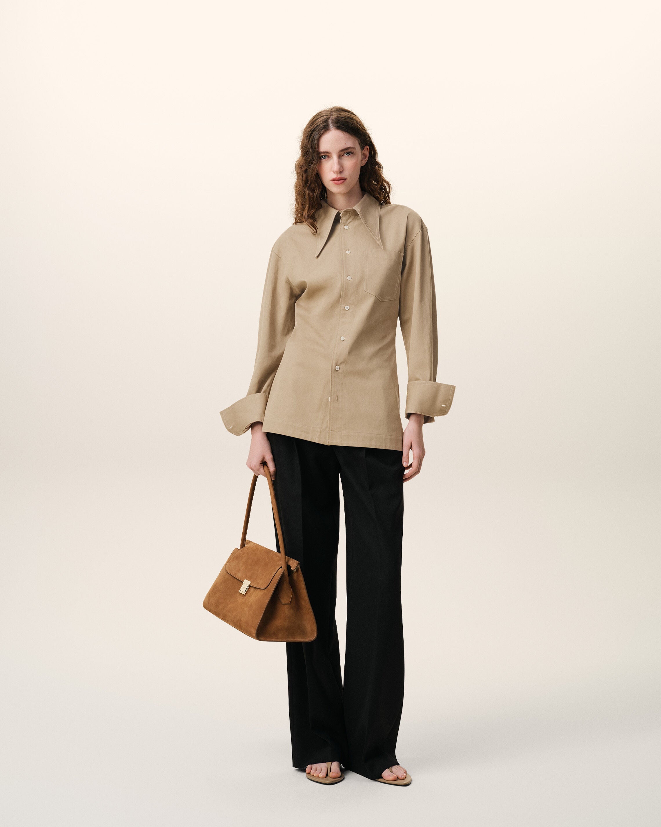 Beige Cotton Sharp Collar Fitted Shirt - 2