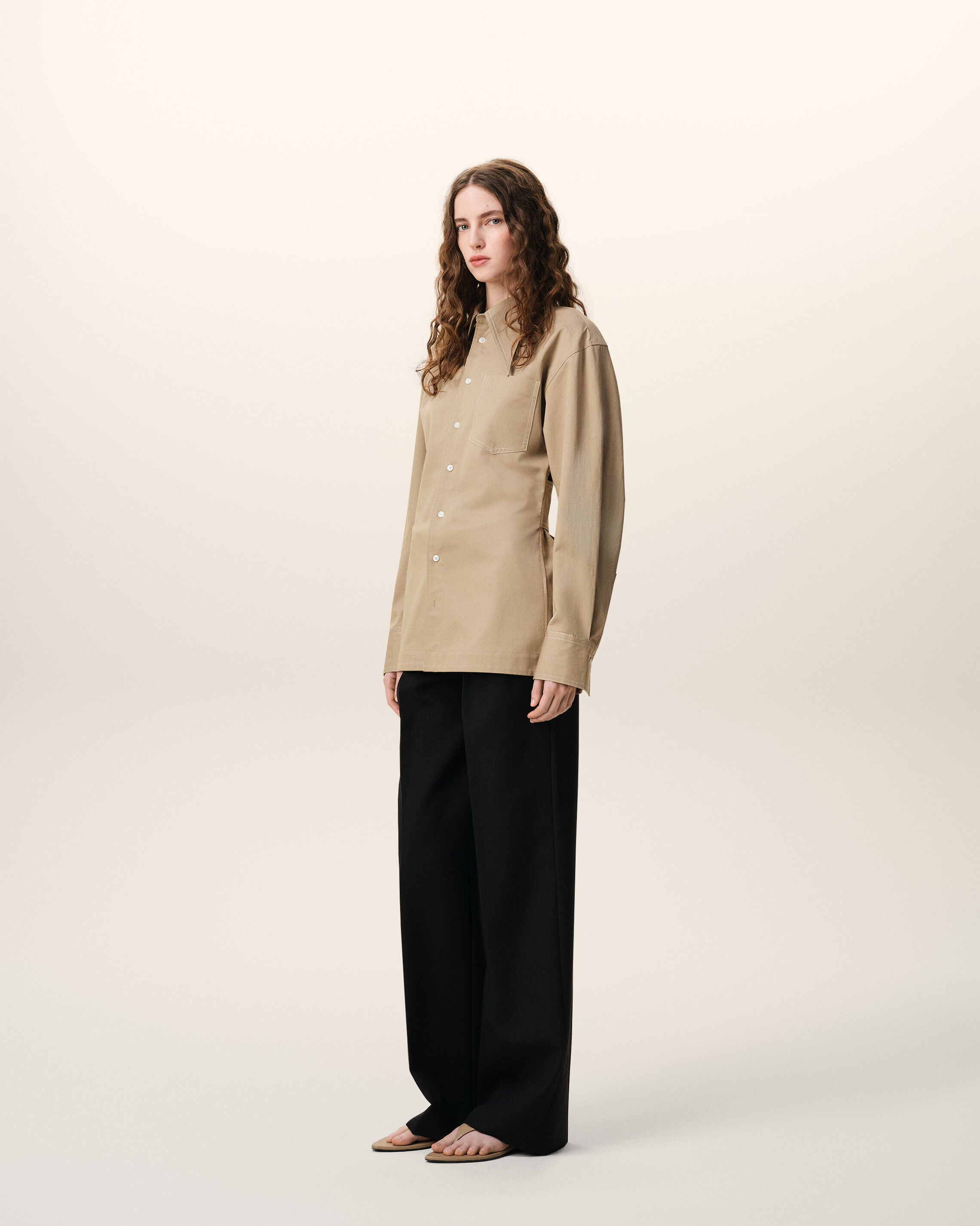 Beige Cotton Sharp Collar Fitted Shirt - 6