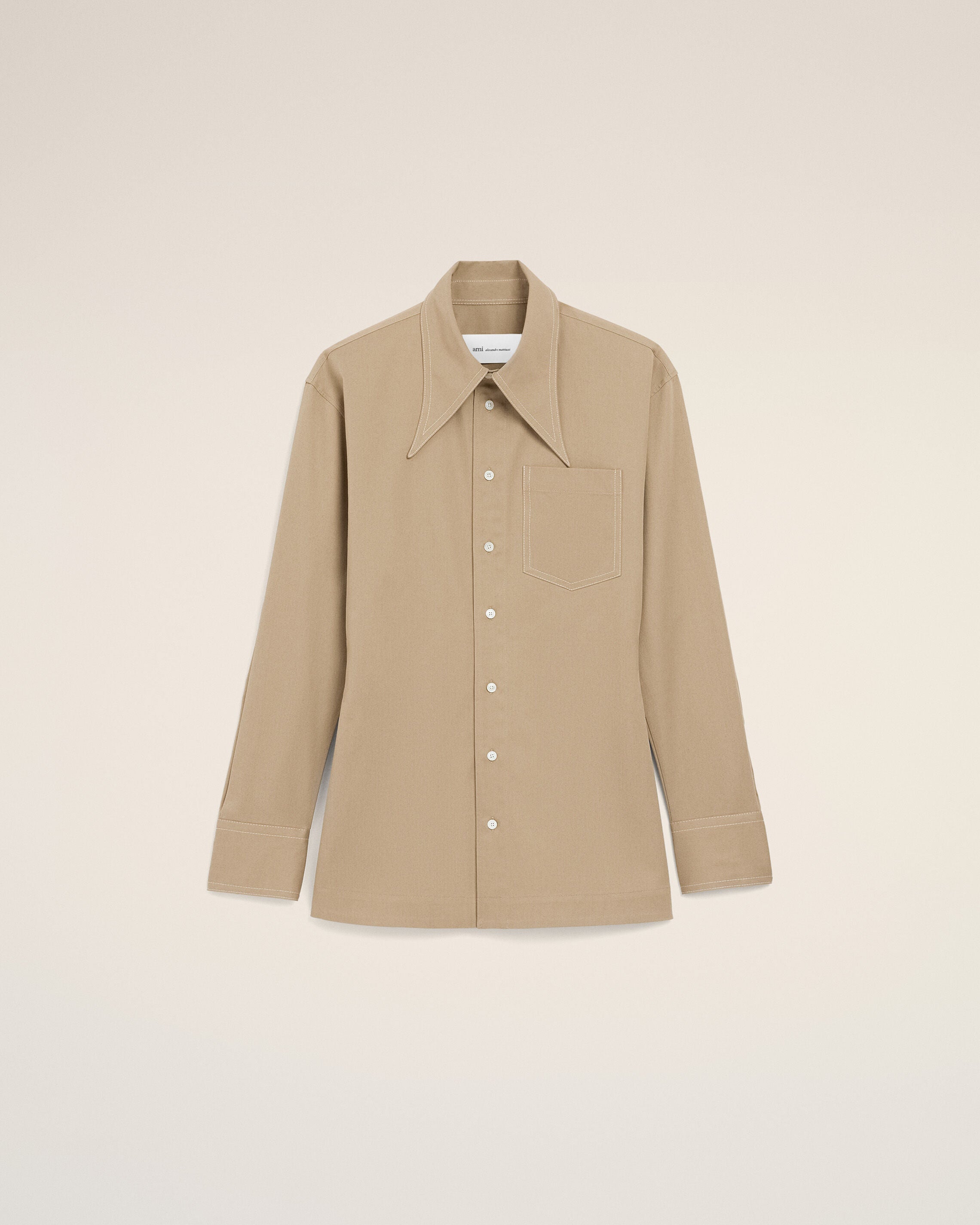 Beige Cotton Sharp Collar Fitted Shirt - 1