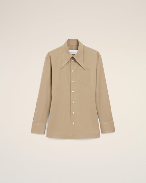 Beige Cotton Sharp Collar Fitted Shirt - 2 - Ami Paris