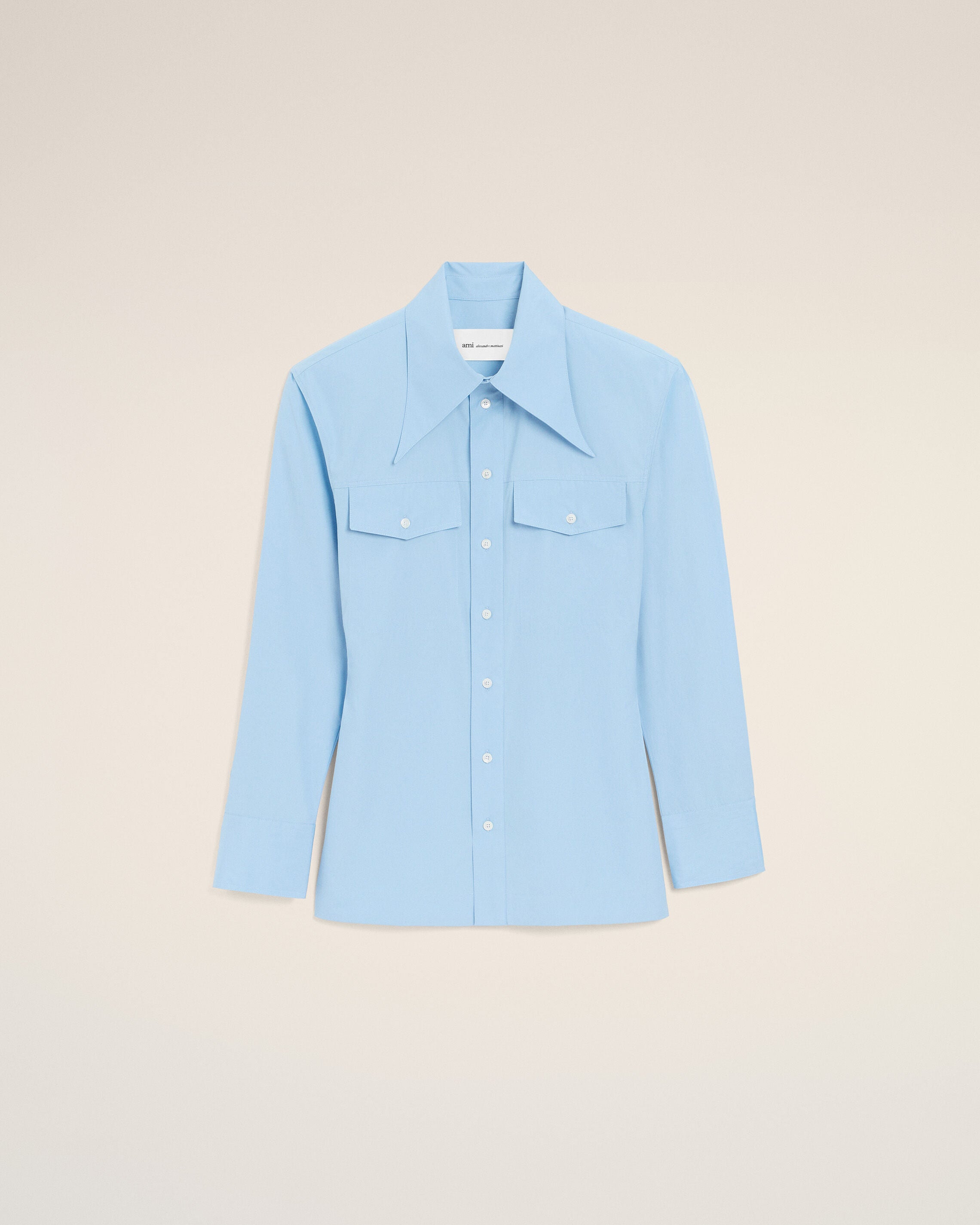 ブルー コットン シャープカラー スリムフィット シャツ カシミア