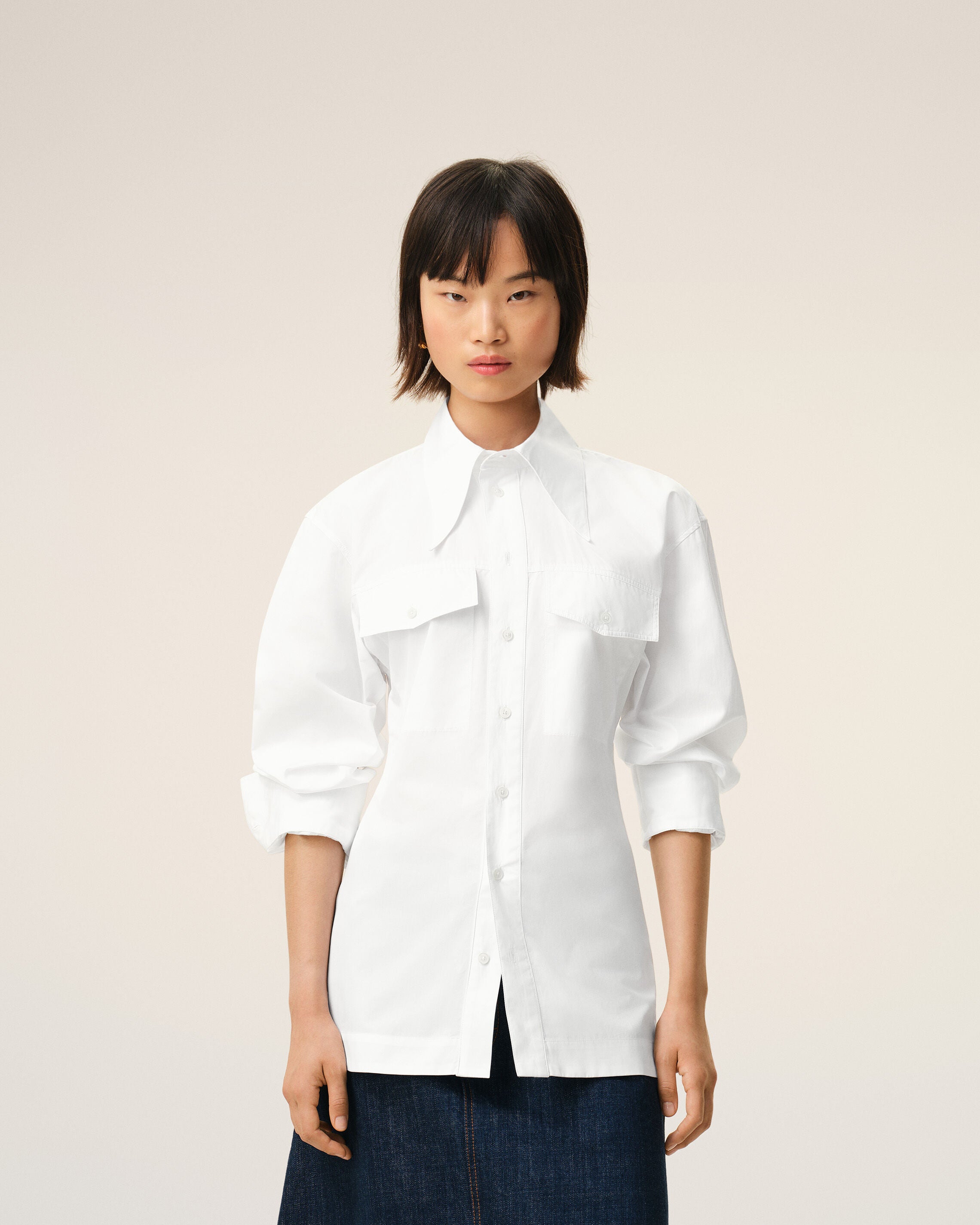 White Cotton Sharp Collar Fitted Shirt - 3