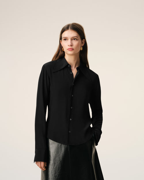                                 Black Blended Silk Sharp Collar Adjusted Shirt - 3                             - Ami Paris