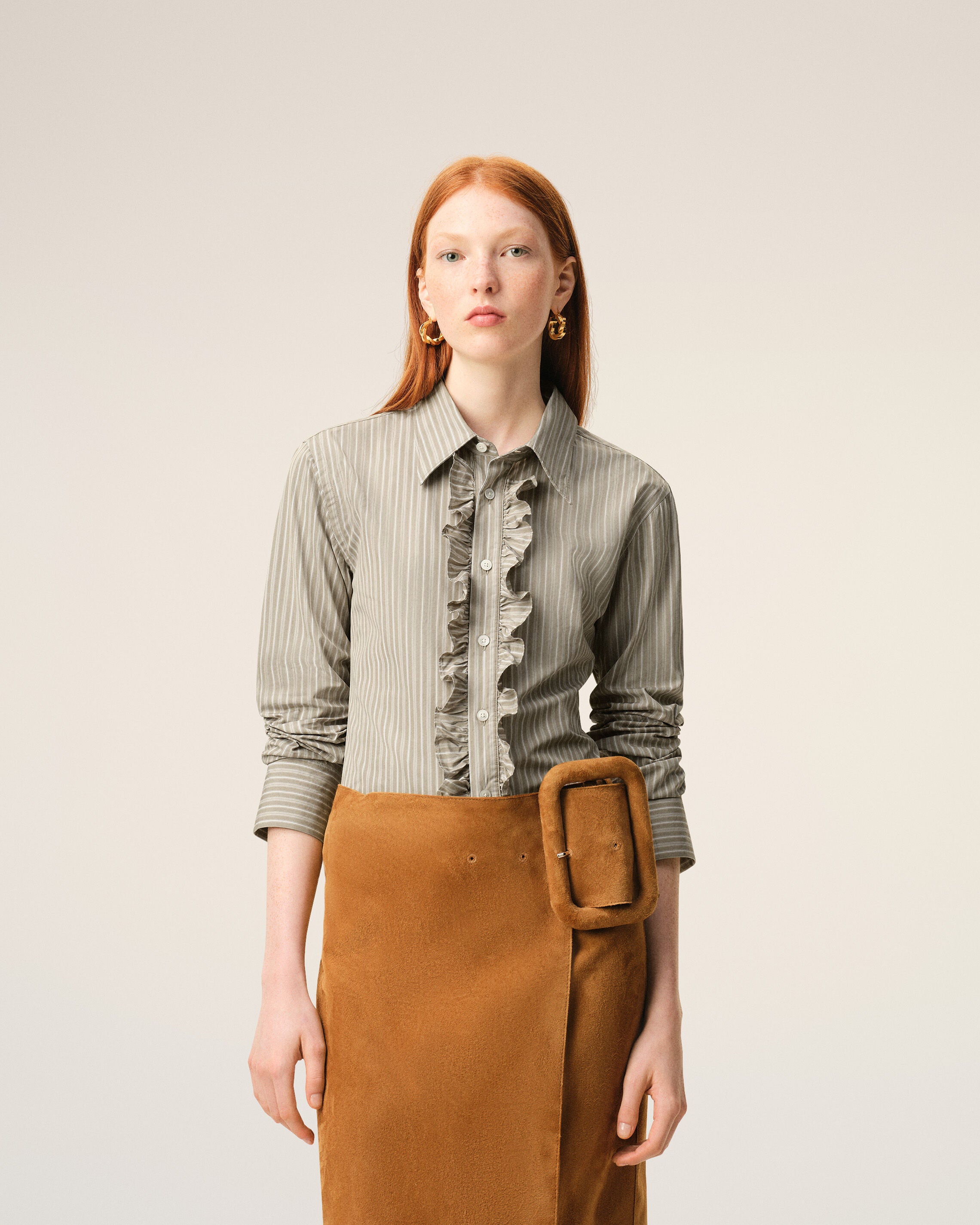 Beige Cotton Long Sleeve Ruffled Adjusted Shirt - 3