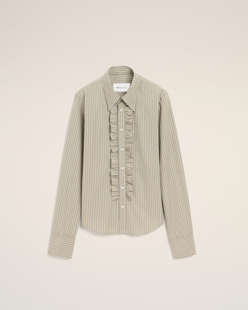 Beige Cotton Long Sleeve Ruffled Adjusted Shirt - TAUPE BEIGE/WHITE - Ami Paris
