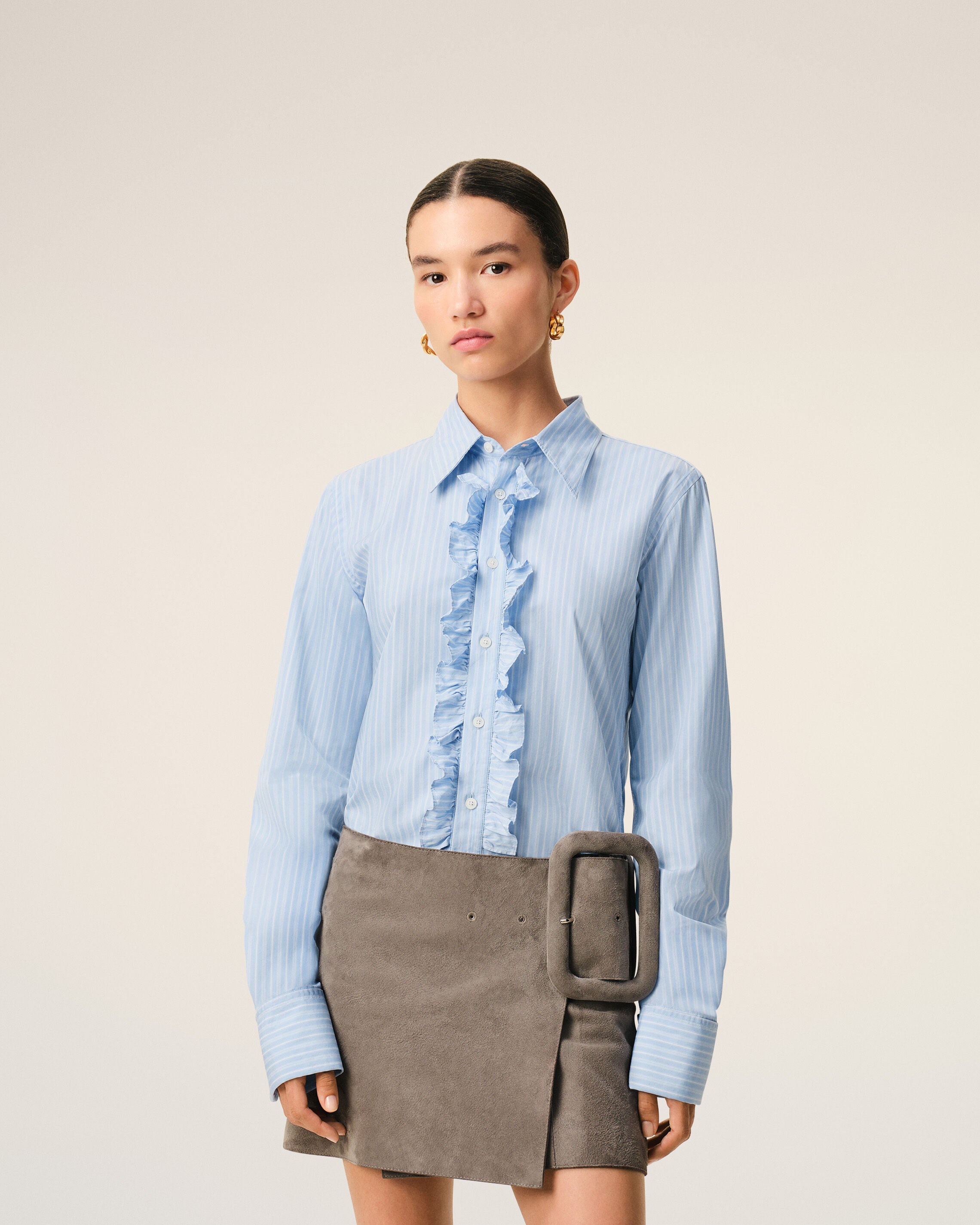 Blue Cotton Long Sleeve Ruffled Adjusted Shirt - 3