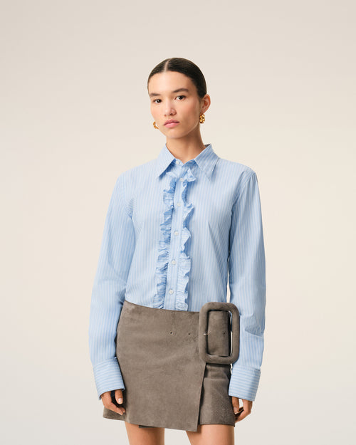 Chemise Jabot Bleu Ajustée Manches Longues en Coton - 3 - Ami Paris