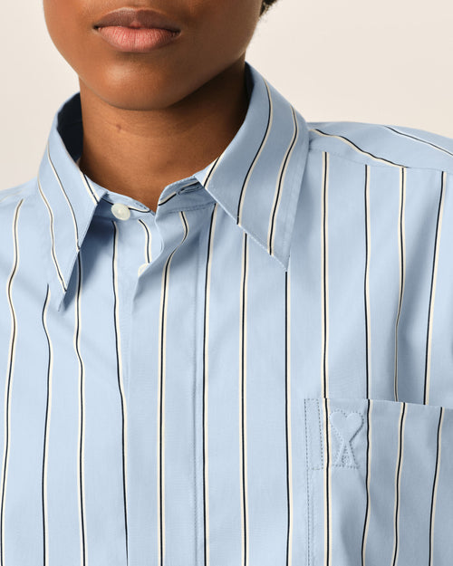 Camisa de algodón azul a rayas anchas de manga corta Ami de Cœur con logo en relieve - Mujer - 4 - AMI Paris - Ami Paris