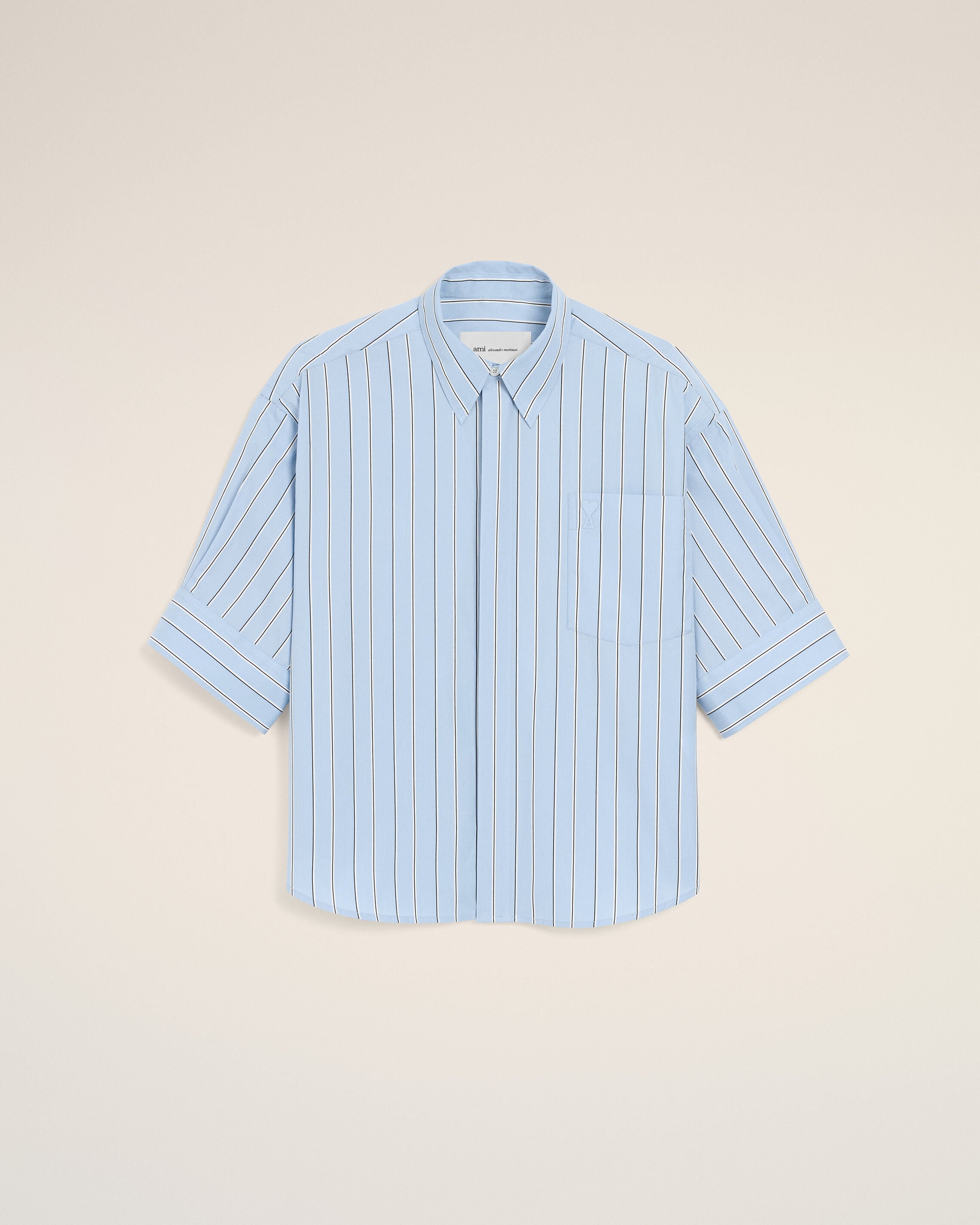 Camisa de algodón azul a rayas anchas de manga corta Ami de Cœur con logo en relieve - 1