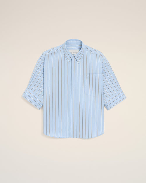 Camisa de algodón azul a rayas anchas de manga corta Ami de Cœur con logo en relieve - Mujer - 1 - AMI Paris - Ami Paris