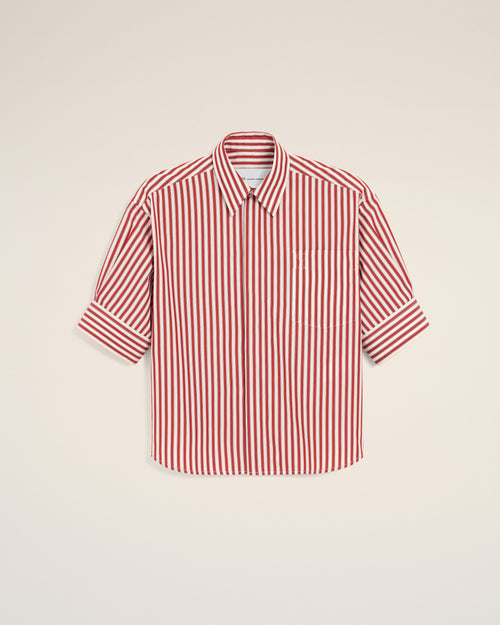 Red large striped cotton short-sleeve shirt with embossed Ami de Coeur - Woman - 1 - AMI Paris - Ami Paris