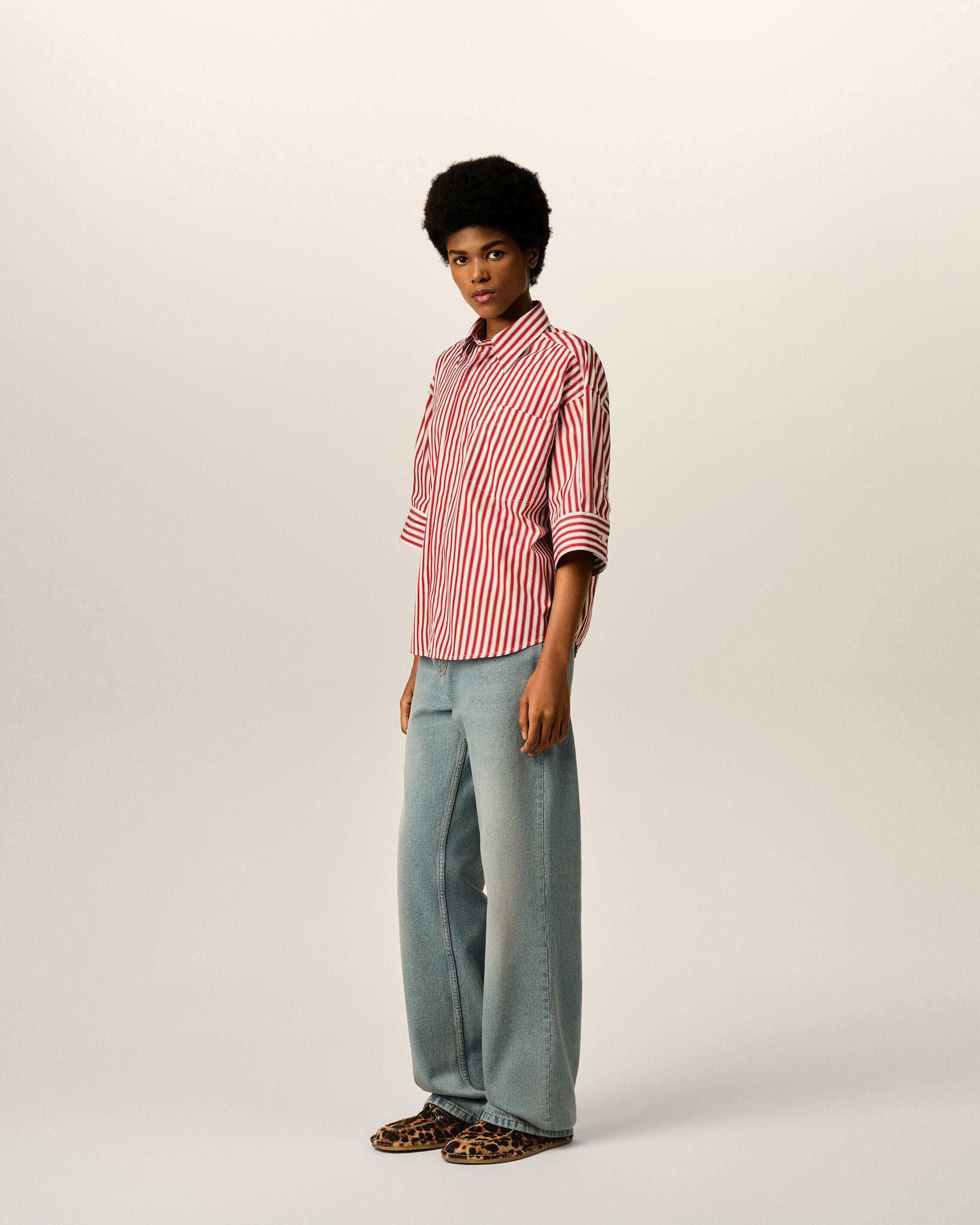 Red large striped cotton short-sleeve shirt with embossed Ami de Coeur - 6