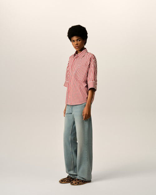 Red large striped cotton short-sleeve shirt with embossed Ami de Coeur - Woman - 6 - AMI Paris - Ami Paris
