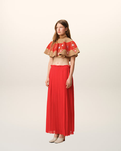 Red Silk Long Pleated Skirt - 6 - Ami Paris