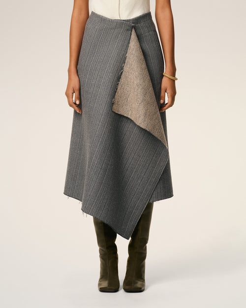 Grey Wool Midi Herringbone Wrapped Skirt  - 3 - Ami Paris