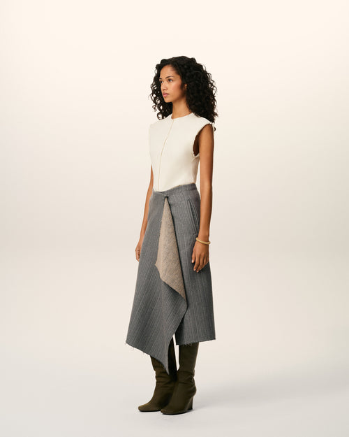 Grey Wool Midi Herringbone Wrapped Skirt  - 6 - Ami Paris