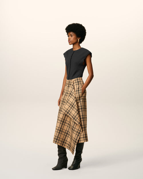 Brown Wool Midi Checked Wrapped Skirt  - 6 - Ami Paris