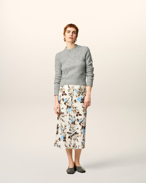                            Blue Flower Printed  Raw Edges Details Midi Skirt - 3                         - Ami Paris