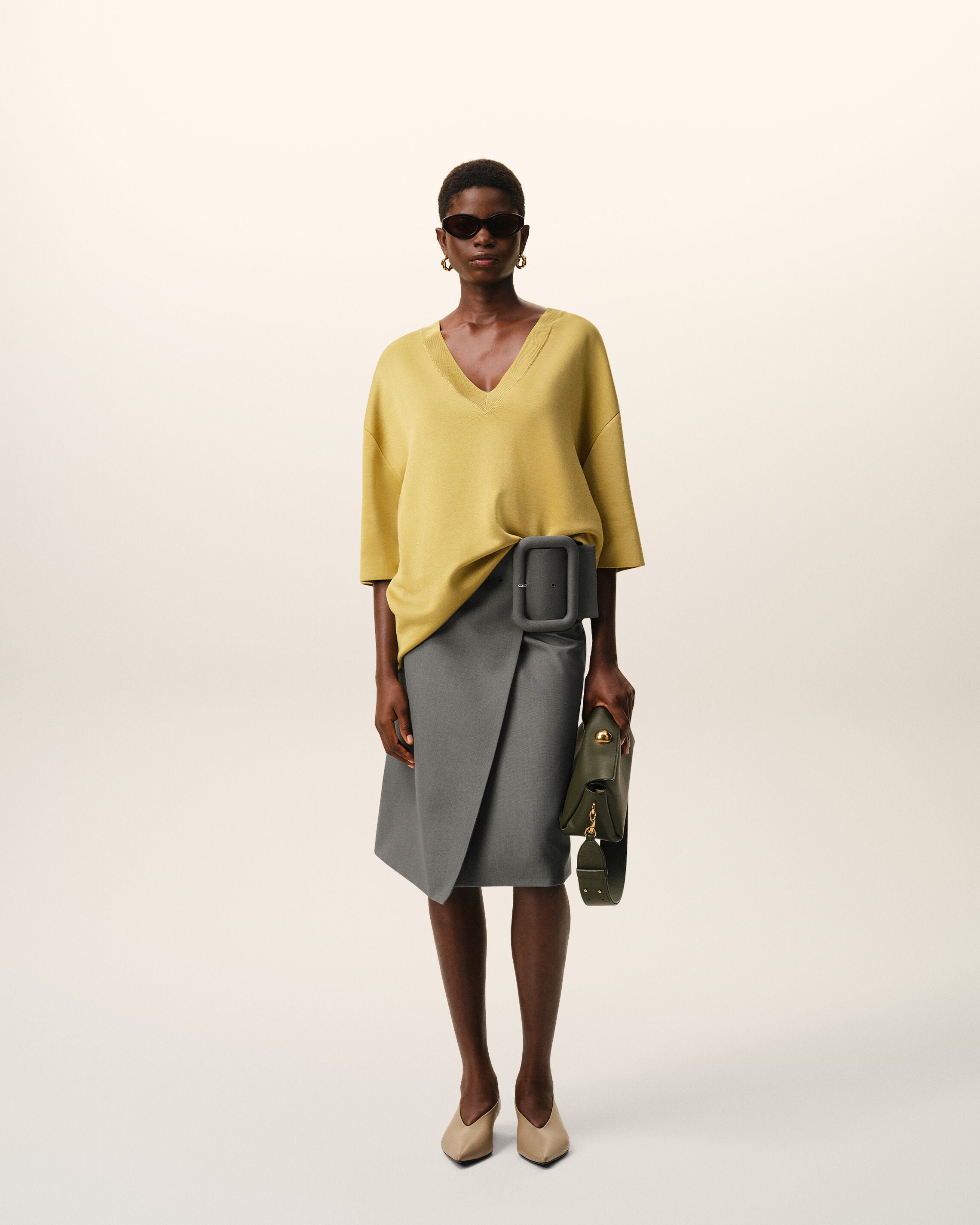 Grey New Wool Big Buckle Belted Midi Skirt - 2
