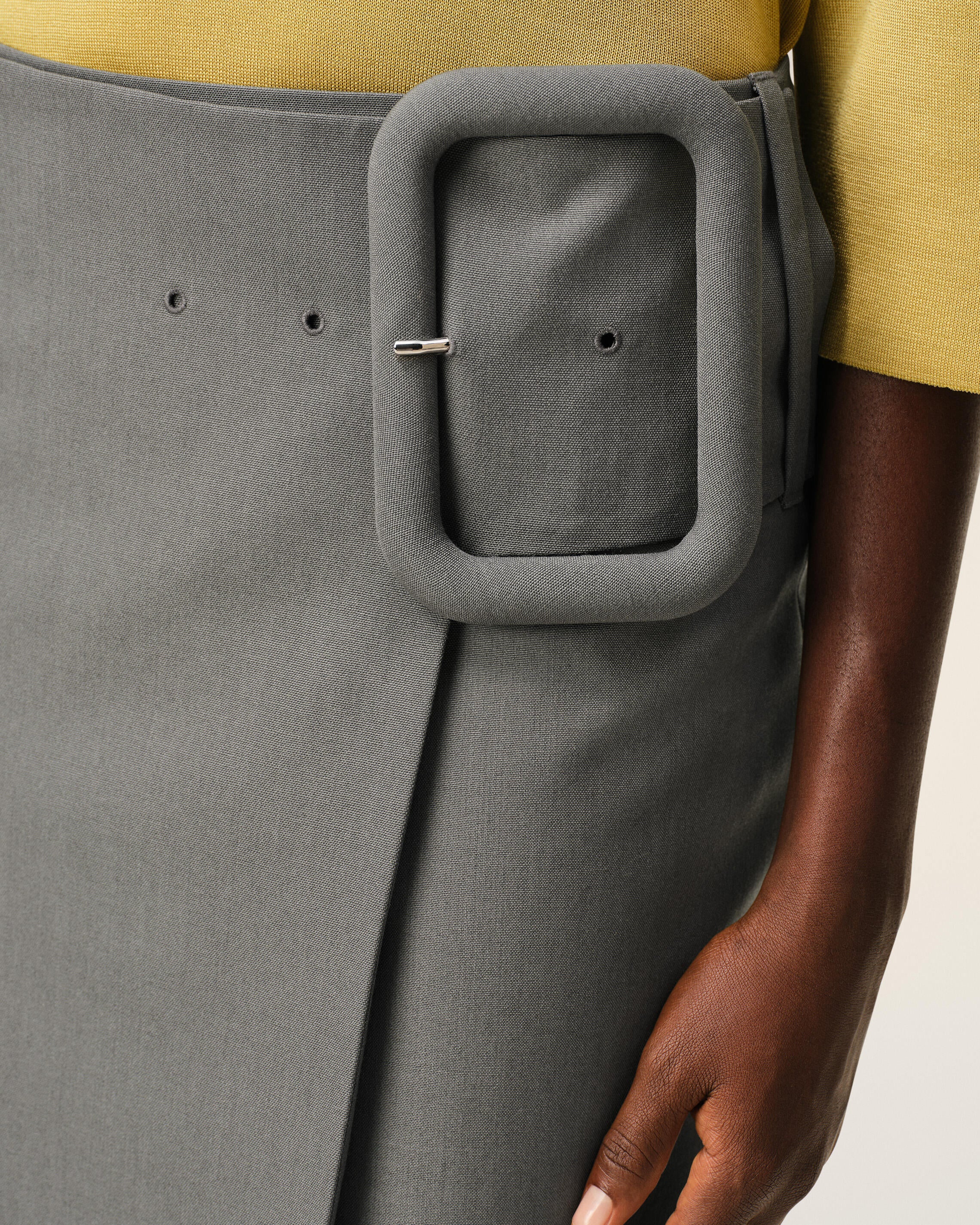 Grey New Wool Big Buckle Belted Midi Skirt - 5
