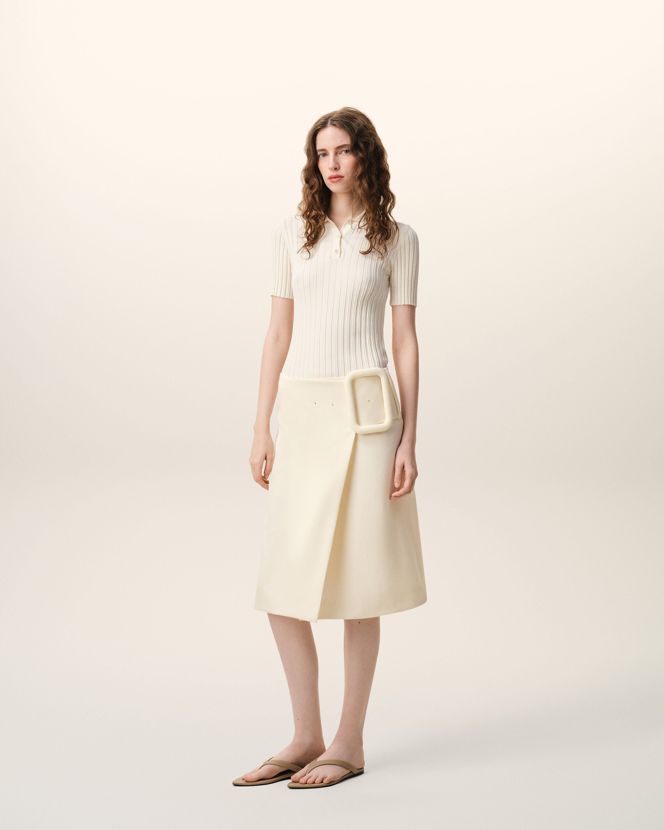 White New Wool Big Buckle Belted Midi Skirt - 6