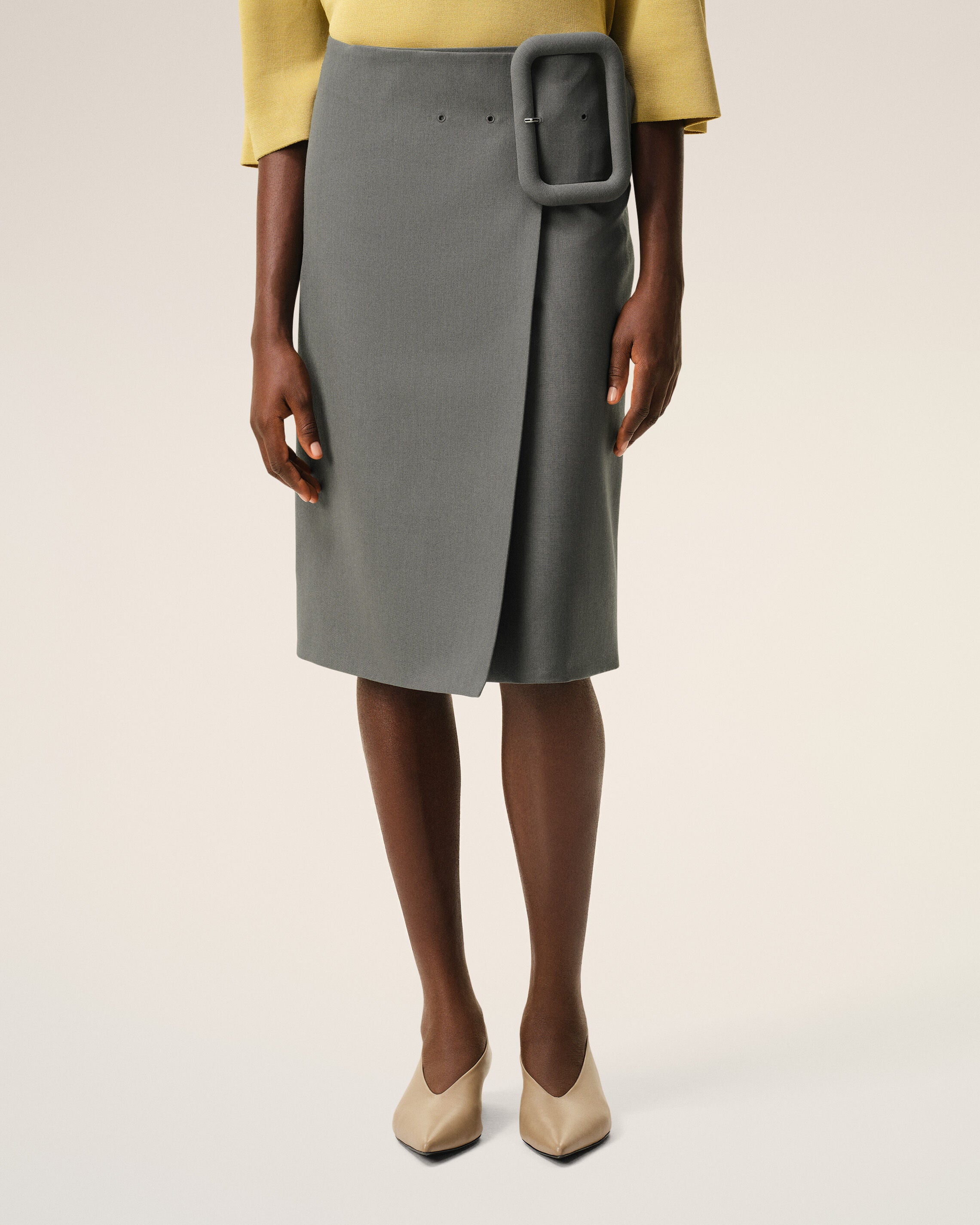 Grey New Wool Big Buckle Belted Midi Skirt - 3