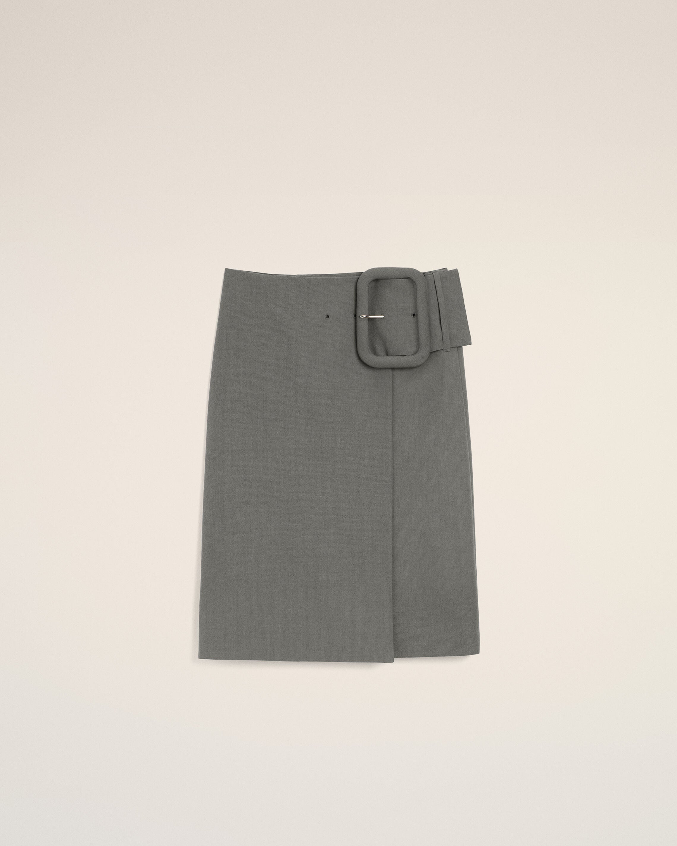 Grey New Wool Big Buckle Belted Midi Skirt - 1