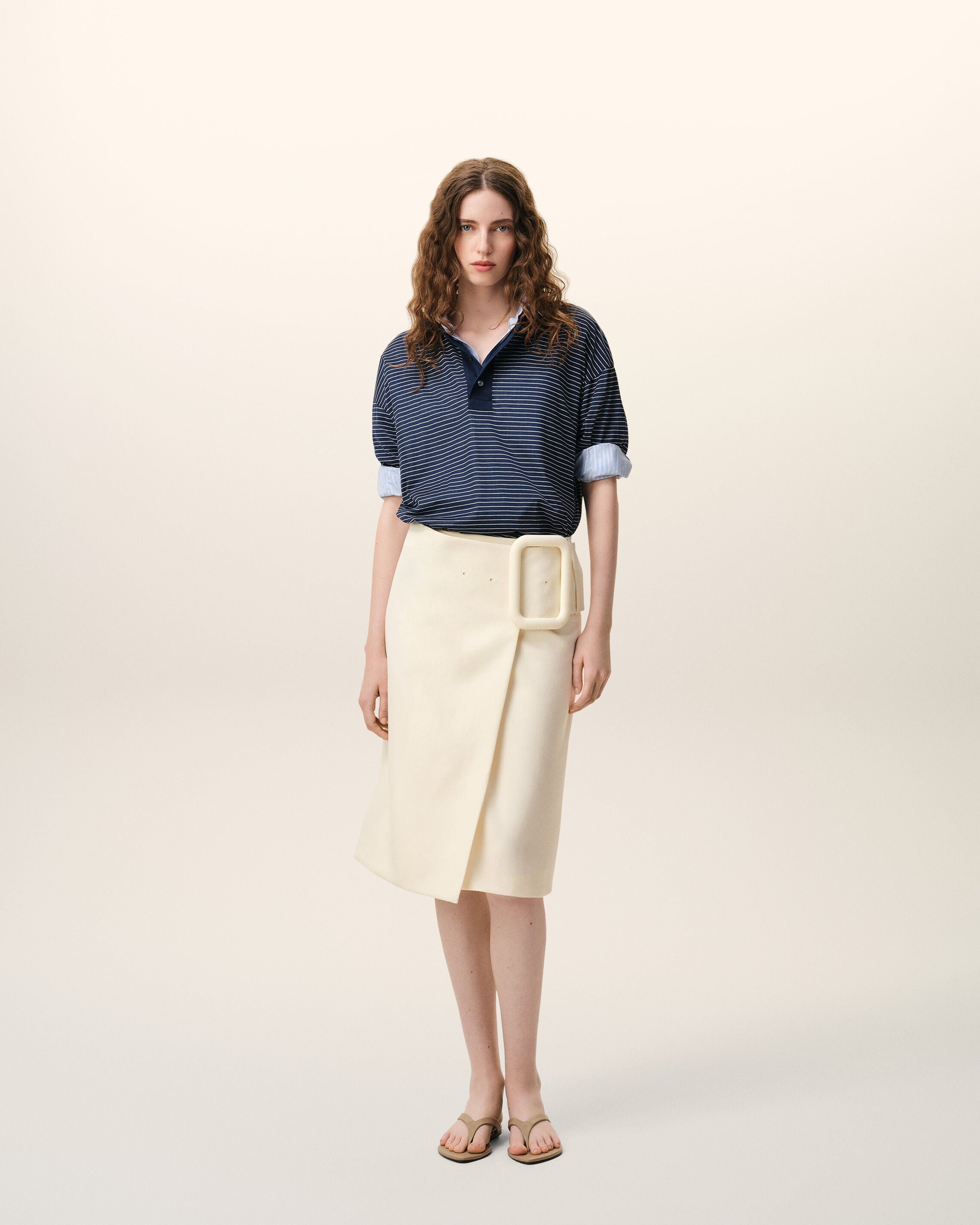 White New Wool Big Buckle Belted Midi Skirt - 2