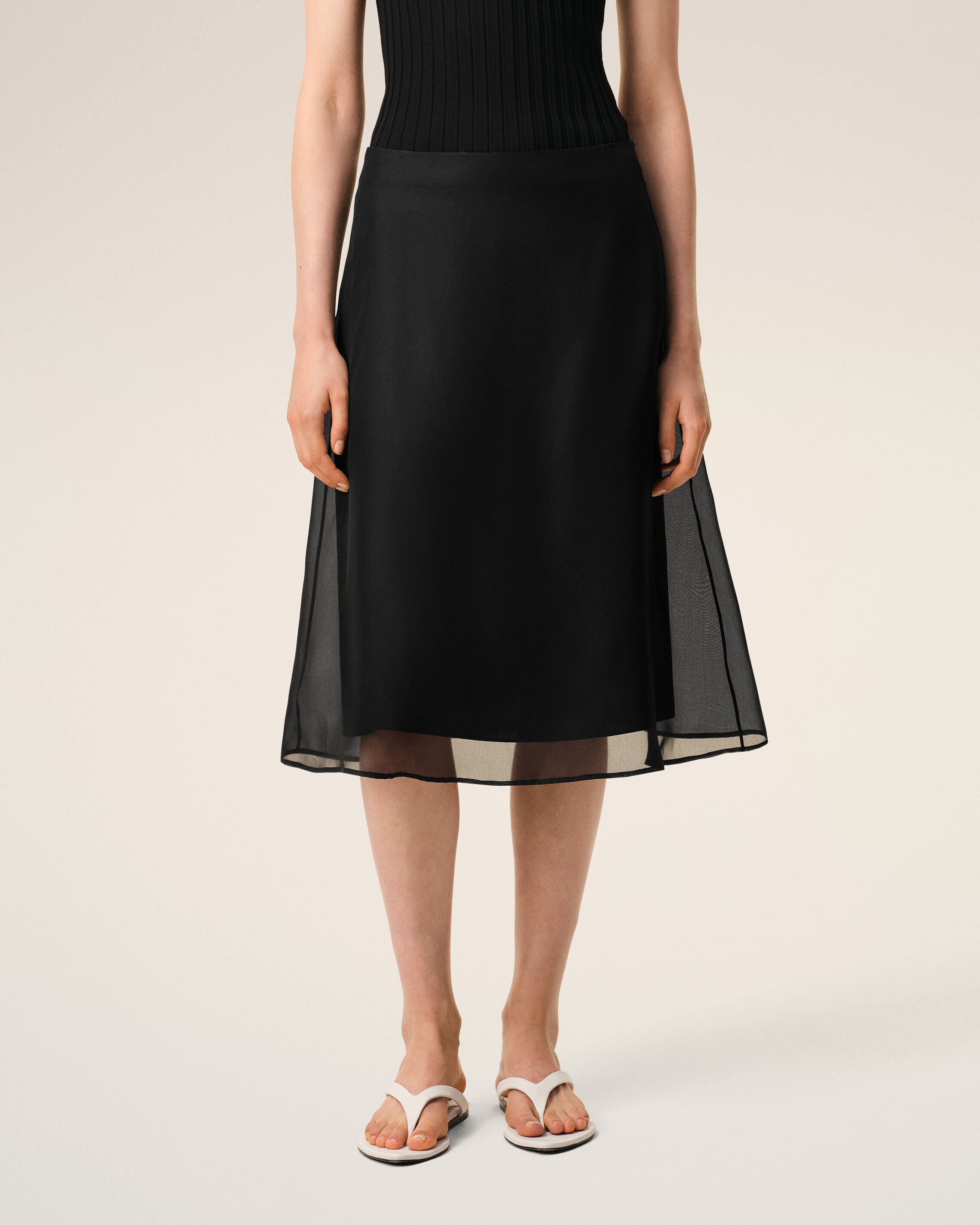 BLACK Black Silk Midi Sheer Underskirt Trapeze Skirt